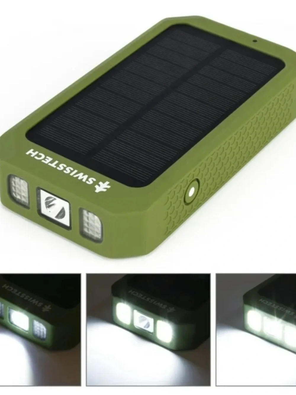 Solar Charger Power Bank Swiss Tech Olive Green Portable Wireless w/ Flashlight